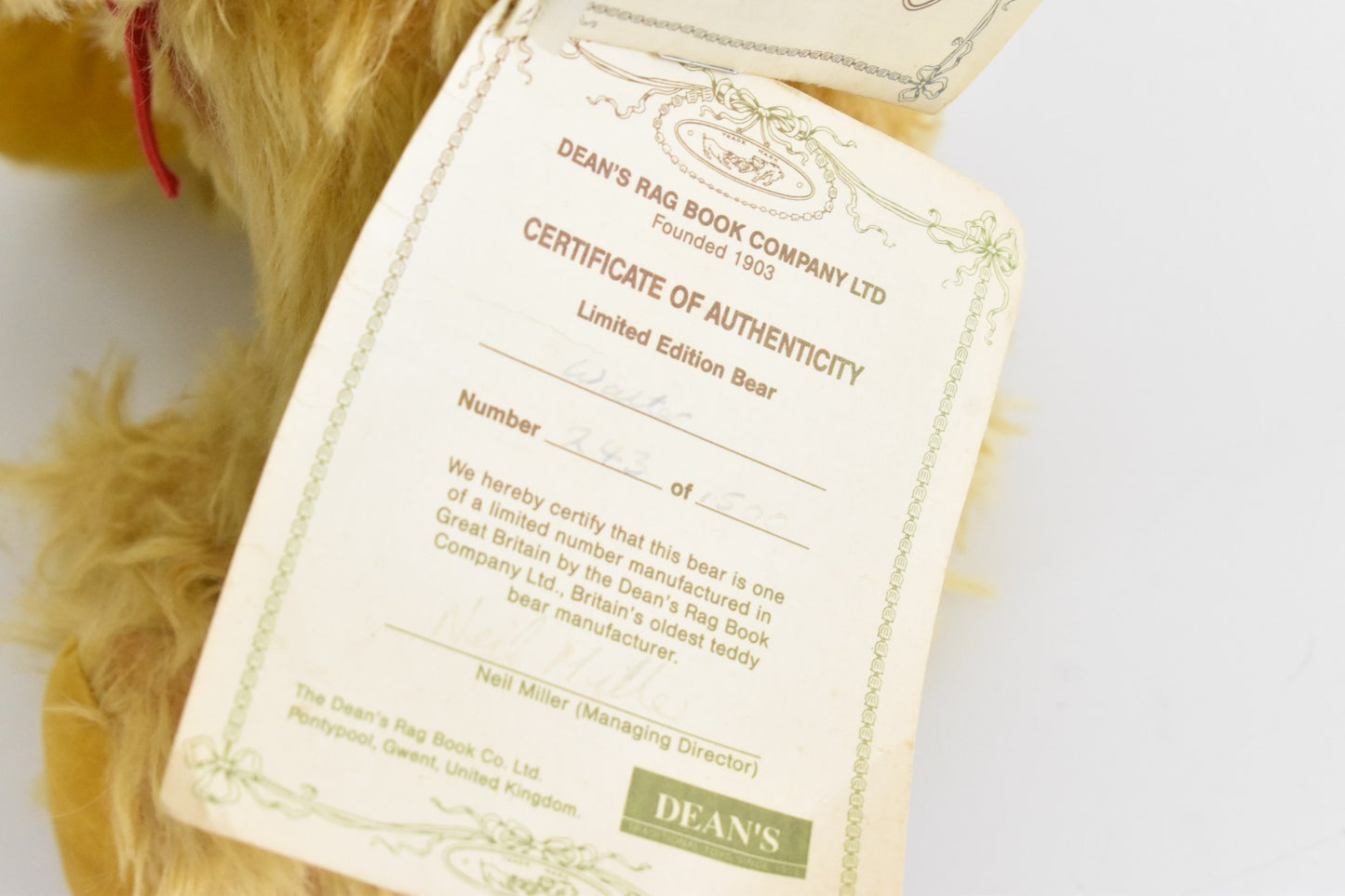 Deans Rag Book Co Walter Teddy Bear – Limited Edition 243/1500 – Mohair