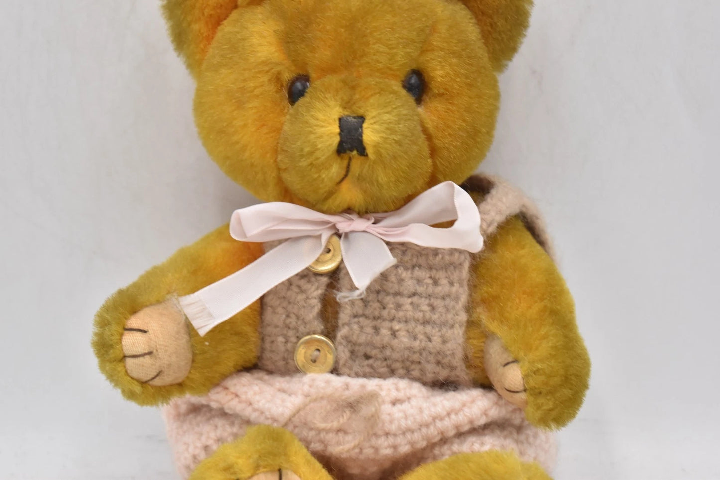Vintage 1960s Shanghai Doll Factory Wool Plush Yellow Teddy Bear Collectable