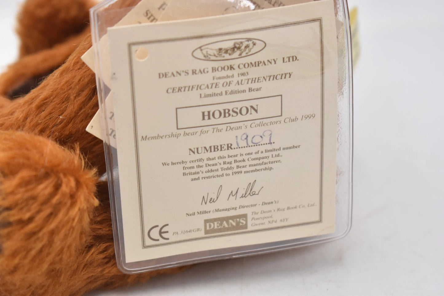 Dean's Rag Book Hobson Teddy Bear Limited Edition No. 1909 Tagged 30cm