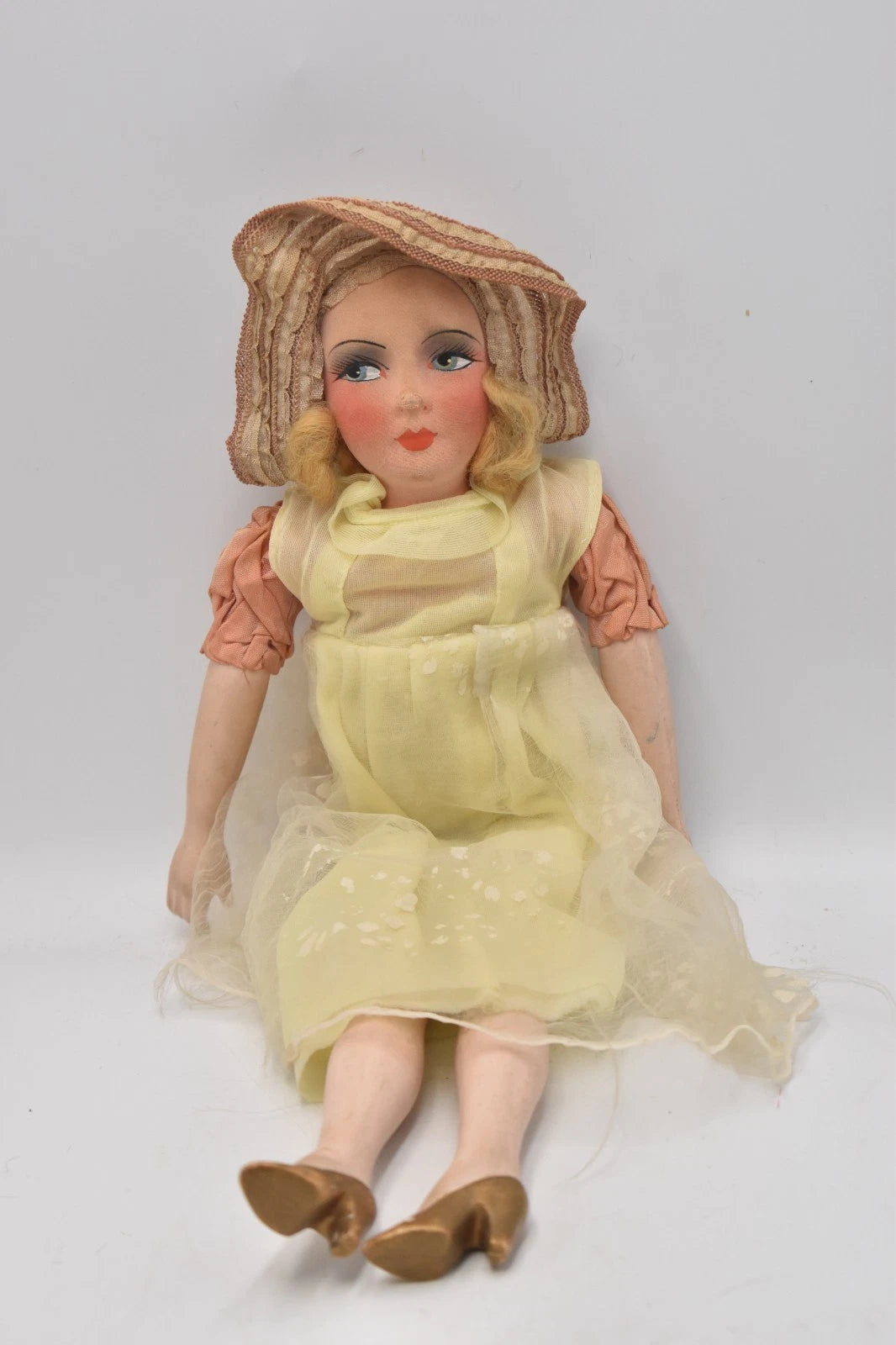 Antique French Boudoir Doll Vintage 1920s 1940s Cloth Face Original Outfit 44cm