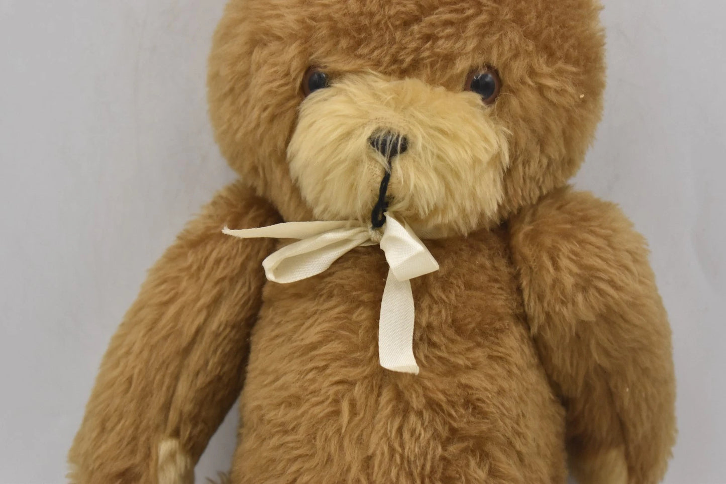 Vintage 1970s Two Tone Plush Teddy Bear With White Bow Fully Jointed 37cm