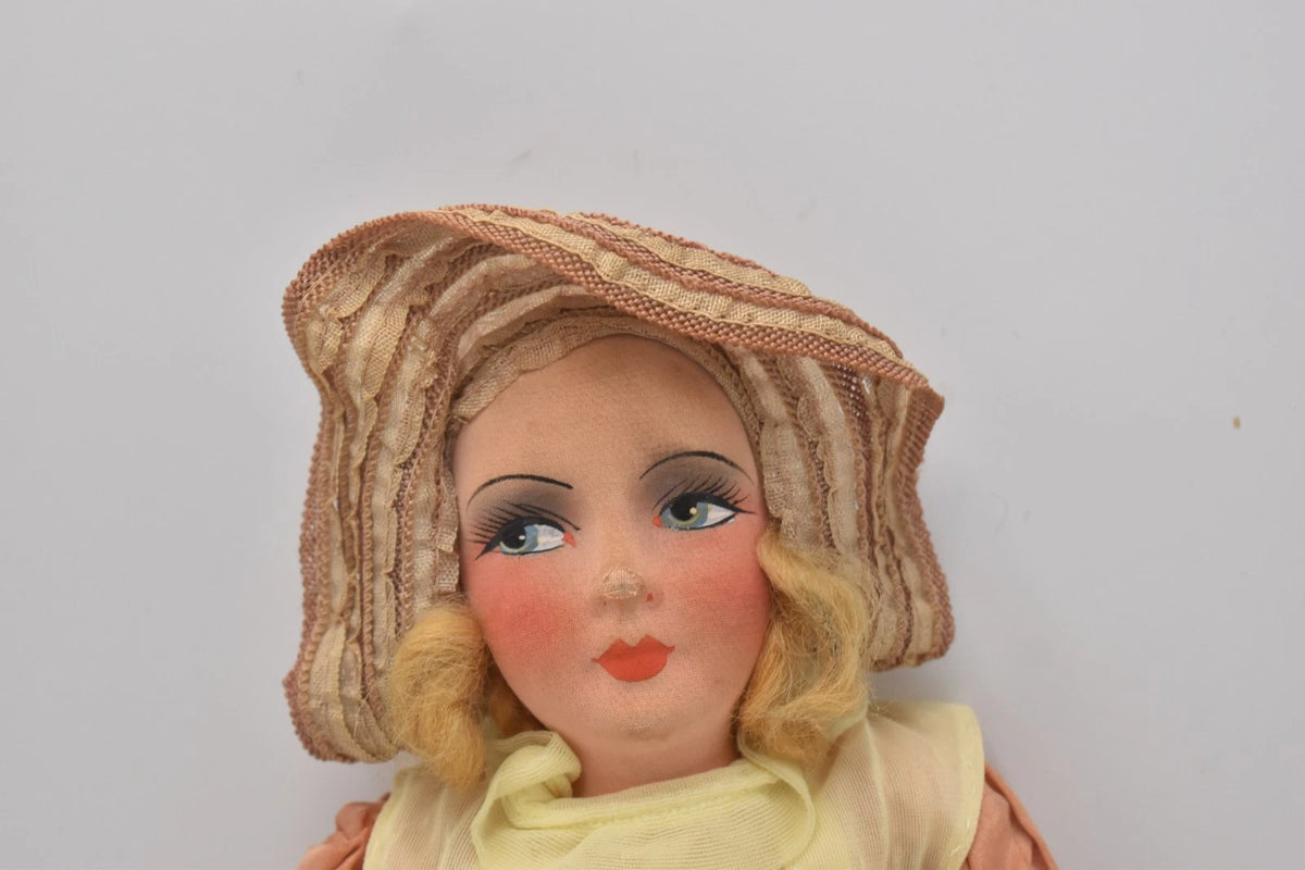 Antique French Boudoir Doll Vintage 1920s 1940s Cloth Face Original Outfit 44cm