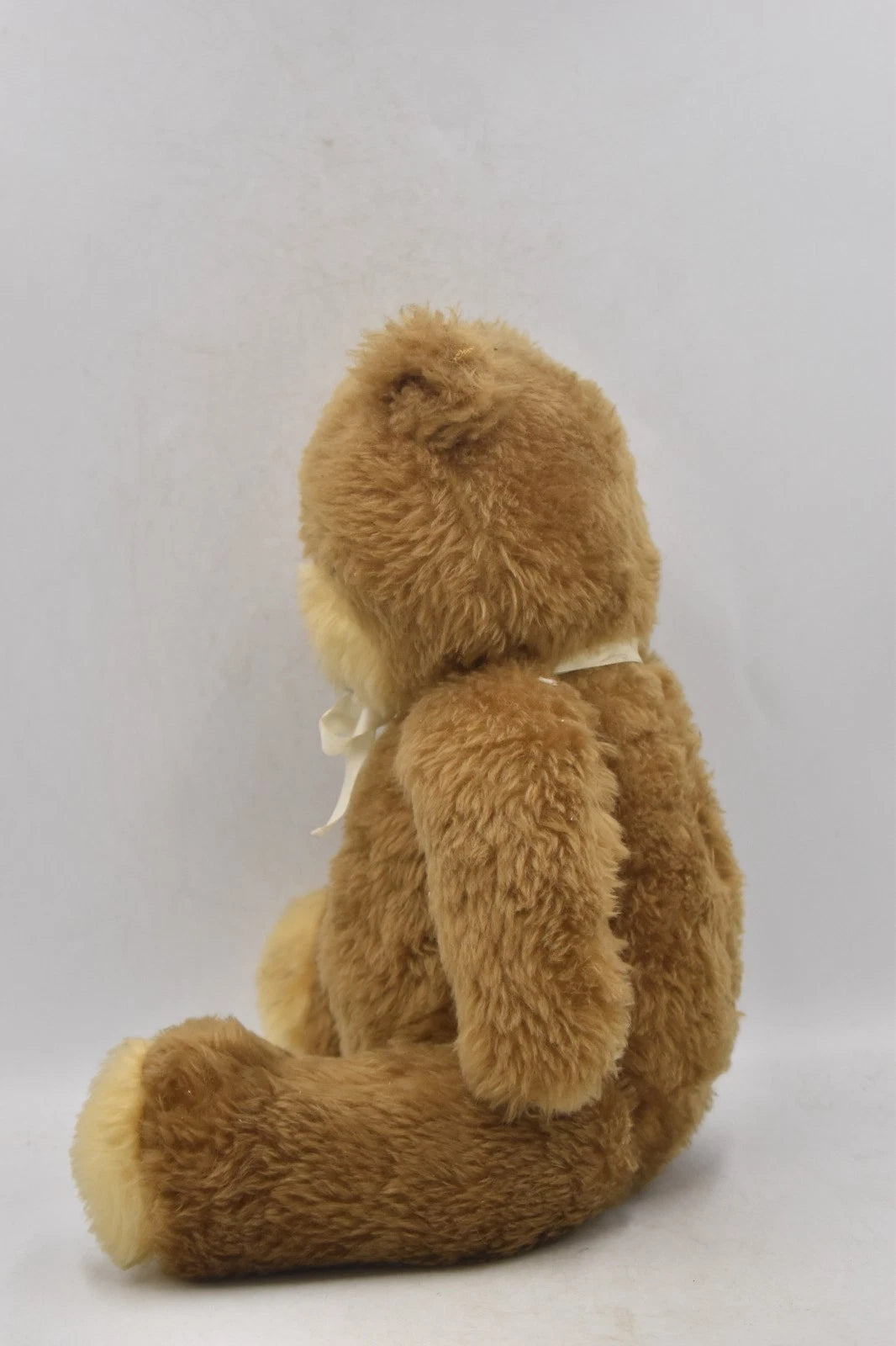 Vintage 1970s Two Tone Plush Teddy Bear With White Bow Fully Jointed 37cm