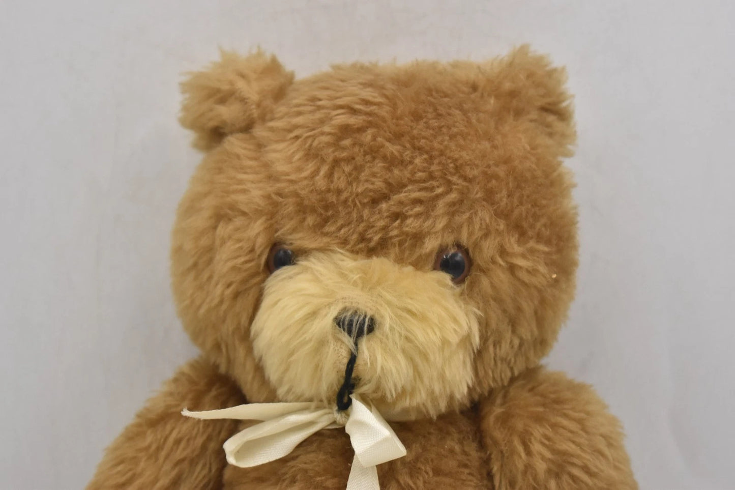 Vintage 1970s Two Tone Plush Teddy Bear With White Bow Fully Jointed 37cm