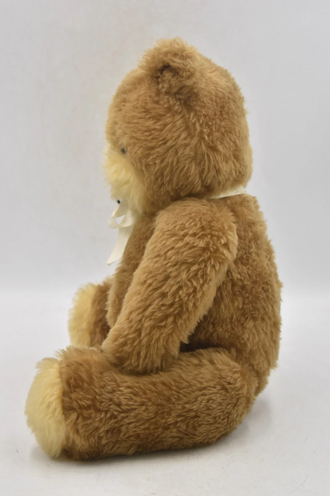 Vintage 1970s Two Tone Plush Teddy Bear With White Bow Fully Jointed 37cm