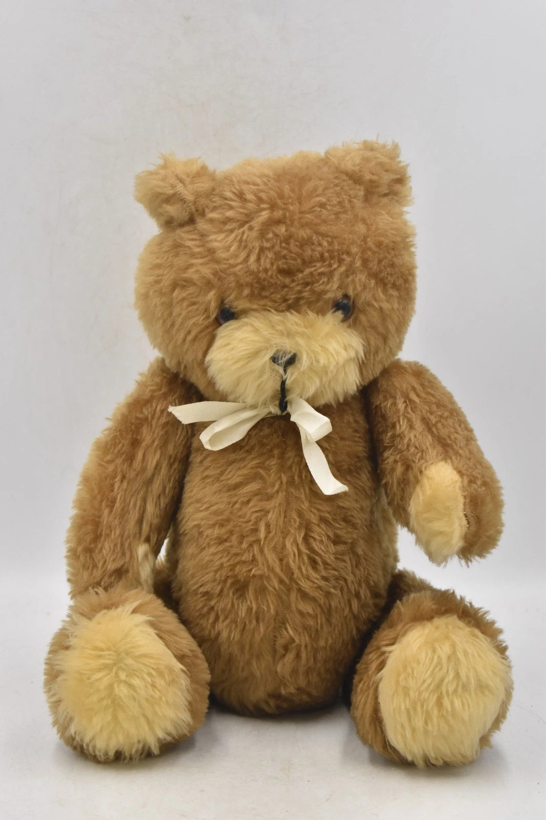 Vintage 1970s Two Tone Plush Teddy Bear With White Bow Fully Jointed 37cm