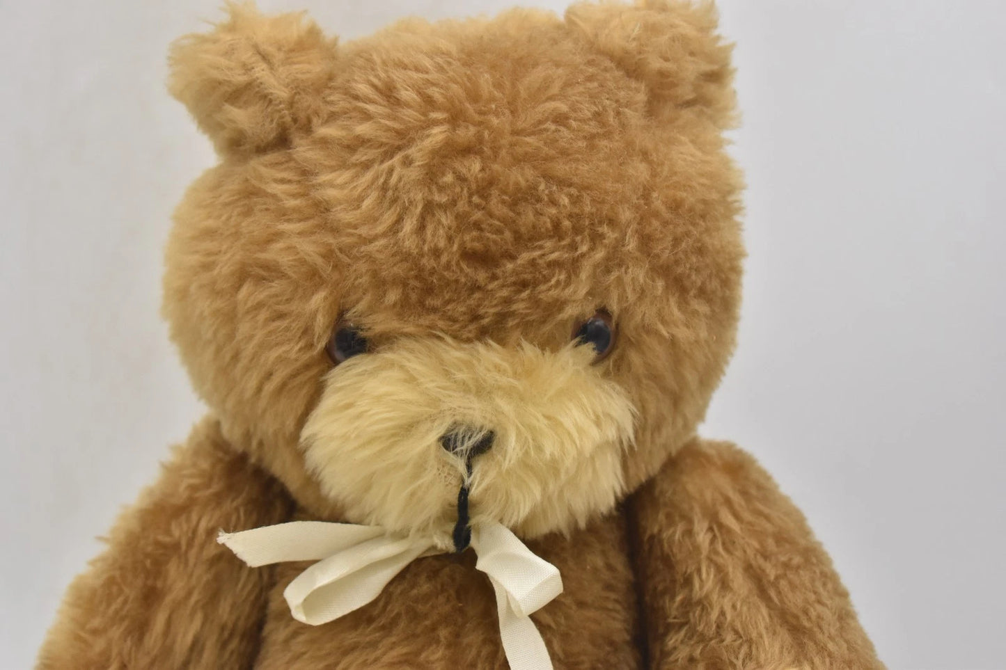 Vintage 1970s Two Tone Plush Teddy Bear With White Bow Fully Jointed 37cm