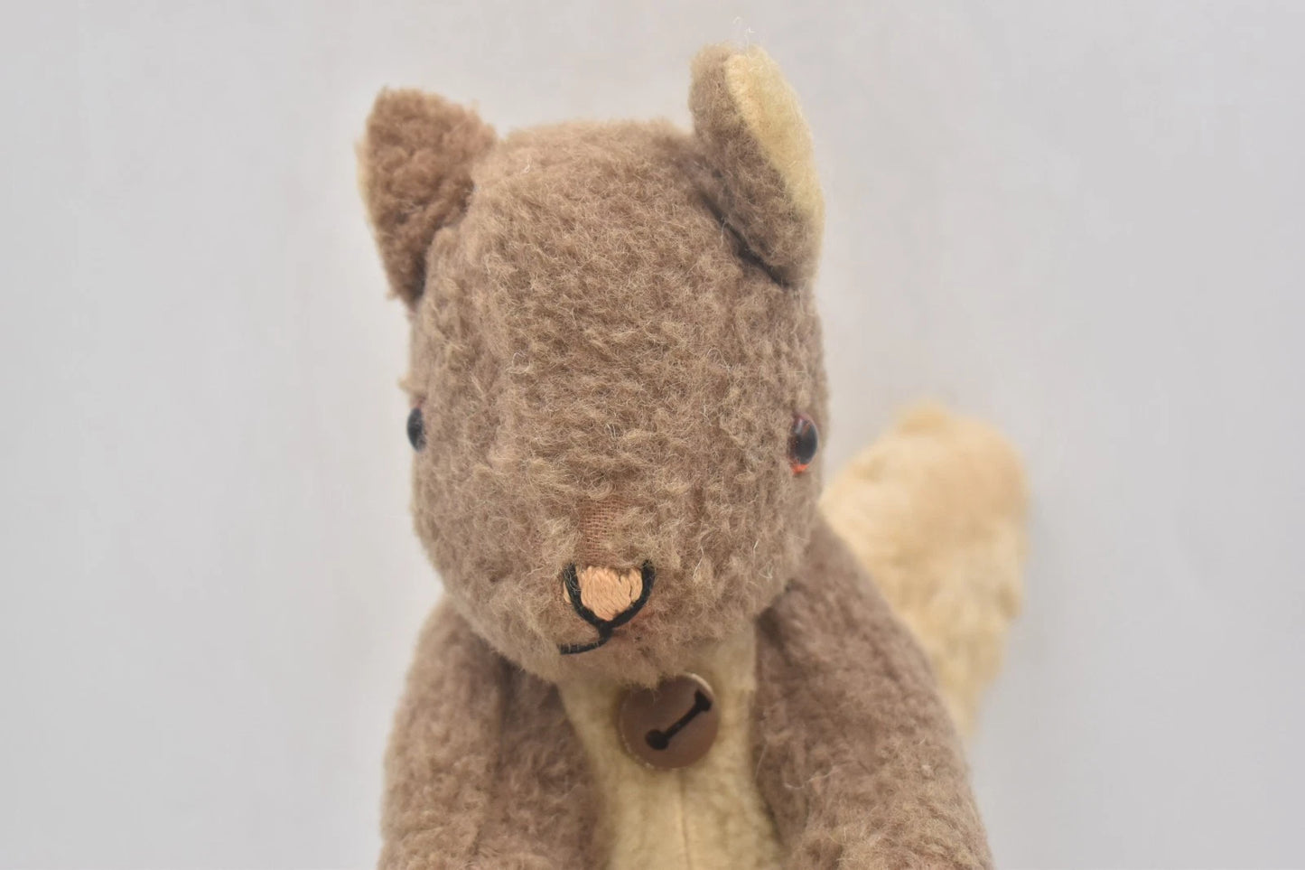 Vintage 1960s Sheep’s Wool Squirrel Teddy Bear 24cm Wood Wool Filled Glass Eyes