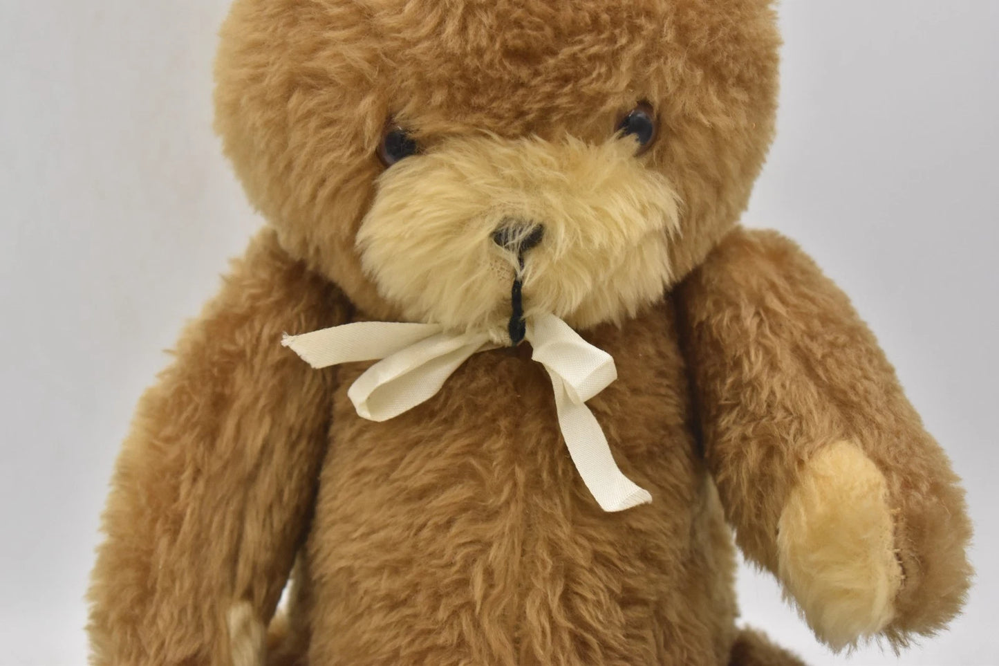 Vintage 1970s Two Tone Plush Teddy Bear With White Bow Fully Jointed 37cm